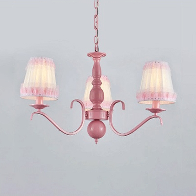 Kid Bedroom Tapered Shade Chandelier with Lace Decoration Metal 3/5/6 Lights Pink Pendant Light