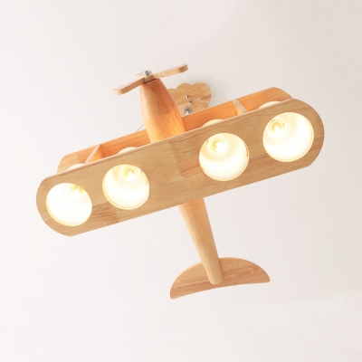 Kids Beige Pendant Light Propeller Airplane 4 Heads Wood Hanging Light with Cylinder Shade for Study Room