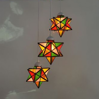 Kindergarten Star Shade Hanging Lamp Stained Glass 3 Lights Tiffany Stylish Pendant Light