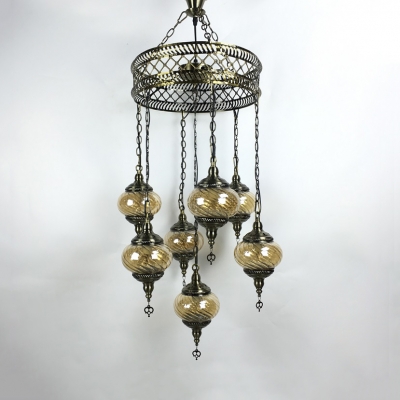 Lantern Living Room Pendant Light Swirl Glass Metal 7 Lights Vintage Style Ceiling Pendant in Brass