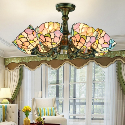 Leaf/Peacock Tail/Flower Semi Flush Light Tiffany Style 8 Lights Stained Glass Ceiling Fixture for Living Room