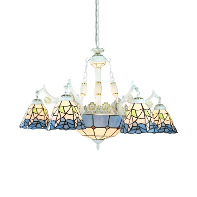 Living Room Cone Dome Chandelier Glass 9 Lights Mediterranean Style Blue Hanging Light