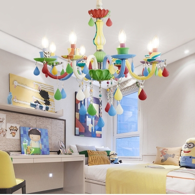 Lovely Candle Pendant Light with Crystal 5/6/8 Lights Glass Colorful Chandelier for Kid Bedroom
