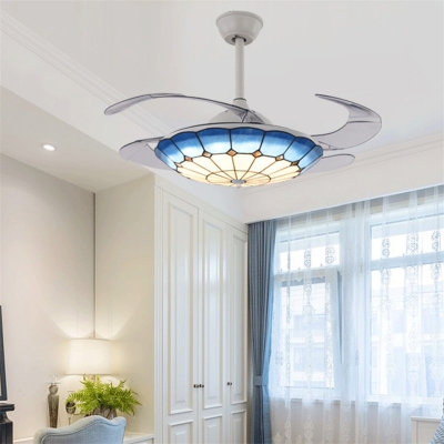 Mediterranean Bowl Semi Flush Ceiling Light Glass Remote Control/Wall Control LED Ceiling Fan with Invisible Blade for Bedroom