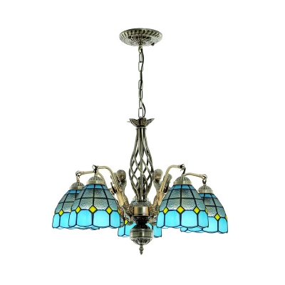 Mediterranean Style Dome Pendant Lamp 5 Lights Glass Suspension Light with Mermaid for Bedroom