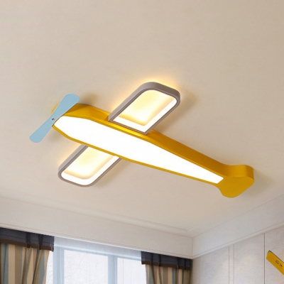 Metal Propeller Airplane Flush Ceiling Light Lovely Stepless Dimming Ceiling Lamp in Yellow for Nursing Room