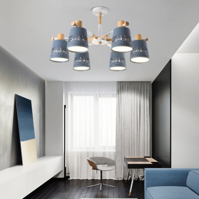 Metal Tapered Shade Chandelier Nursing Room 6 Lights Nordic Style Candy Colored Pendant Light
