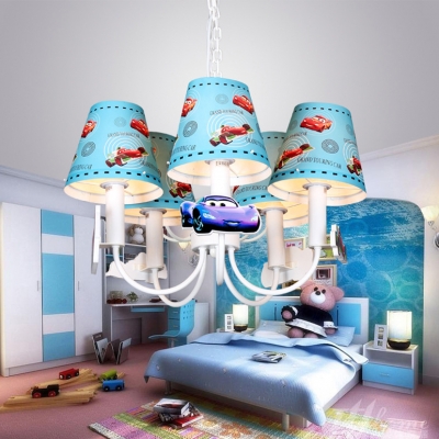 Metal Tapered Shade Chandelier with Cartoon Car Child Bedroom 5 Lights Suspension Light in Blue