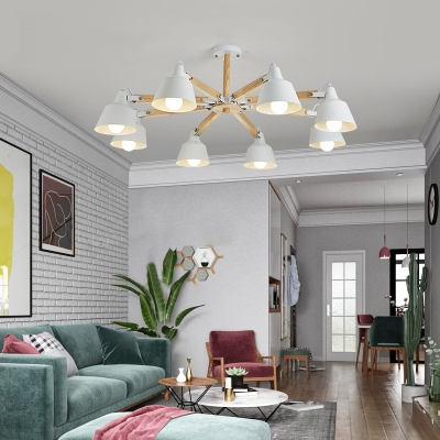Modern Bell Shade Hanging Light 6/8 Lights Metal Chandelier in Green/White for Living Room