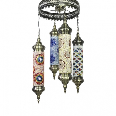 Moroccan Mosaic Flute Chandelier 4 Lights Wrought Iron Suspension Light for Restaurant KTV