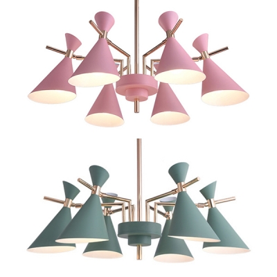 Nordic Style Horn Pendant Lighting 6 Lights Metal Chandelier in Macaron Pink/Green for Kindergarten