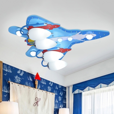 Plane Shape Kindergarten Ceiling Lamp Wood Multi Lights Contemporary LED Flush Ceiling Light in Blue