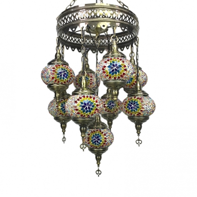 Restaurant Lantern Shape Hanging Light Stained Glass 9 Lights Moroccan Turkish Chandelier