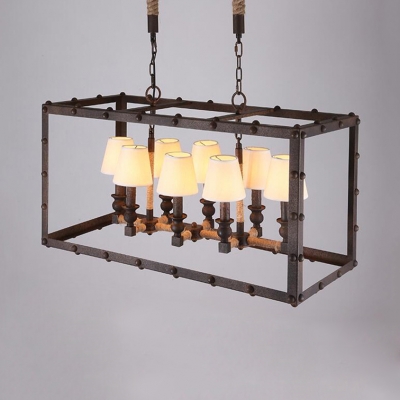Restaurant Rectangle Island Fixture with Tapered Shade Glass 8 Lights Rust Pendant Lamp