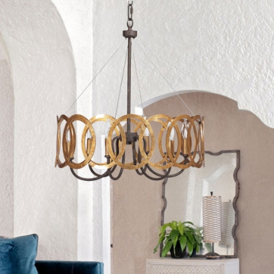 Rustic Style Rust Pendant Lamp Candle 6 Lights Metal Chandelier with Round Shade for Villa