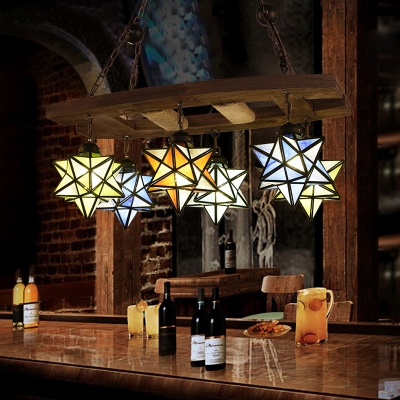 Rustic Style Star Pendant Lamp 6 Lights Stained Glass Wood Chandelier for Villa