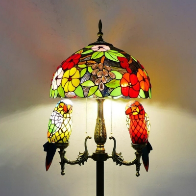 Rustic Stylish Flower Floor Lamp with Parrot Stained Glass 5 Lights Standing Light for Villa