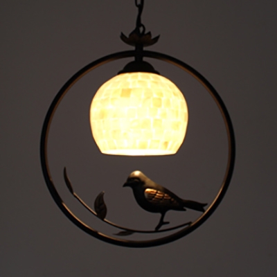 Shell Dome/Globe Pendant Light 1 Light Rustic Style Hanging Lamp with Bird for Restaurant