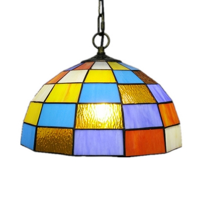 Stained Glass Grid Bowl Hanging Light 1 Light Tiffany Style Pendant Light for Kid Bedroom