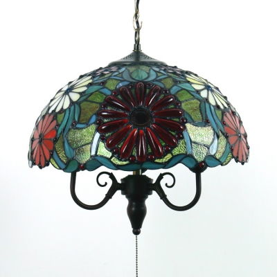 Stained Glass Umbrella Hanging Light with Flower Restaurant 3 Lights Rustic Suspension Light