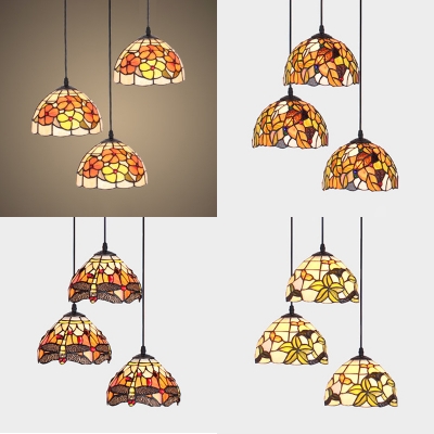 Tiffany Antique Colorful Pendant Light with Dragonfly/Flower/Leaf 3 Lights Glass Ceiling Light for Villa
