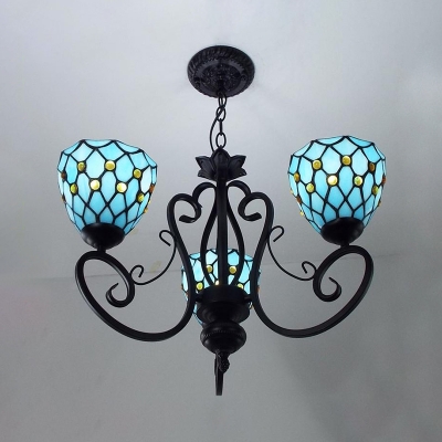 Tiffany Style Blue Hanging Light Bowl Shade 3 Lights Glass Chandelier for Hotel Study Room