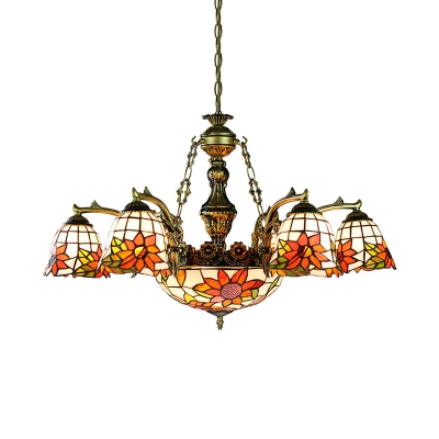 Tiffany Style Dome Hanging Light with Dragonfly/Circle/Sunflower Stained Glass 9 Lights Chandelier for Living Room