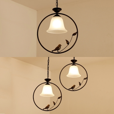 Traditional Bell Pendant Light Frosted Glass 1/2 Lights Ceiling Light with Bird Decoration for Kitchen