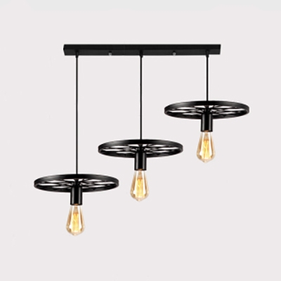 Vintage Open Bulb Pendant Lamp with Wheel Three Lights Iron Hanging Light in Black for Shop