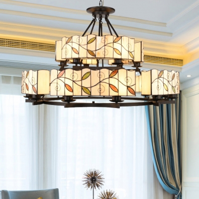 Vintage Style Drum Hanging Light Glass 2-Tier 18 Lights Chandelier with Leaf for Living Room