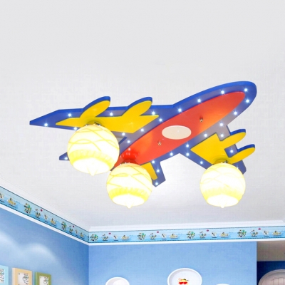 Wood Airplane LED Flush Ceiling Light Child Bedroom 3 Heads Modern Ceiling Lamp with Globe Shade