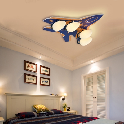 Wood Airplane Semi Flush Mount Light American Style Ceiling Lamp in Blue/Red for Boy Bedroom