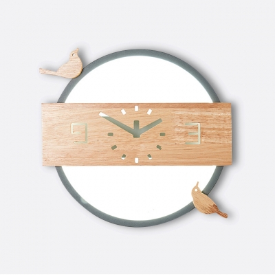 Wood Clock Bird LED Sconce Light Living Room Nordic Style Candy Colored Ceiling Light in Warm White/White
