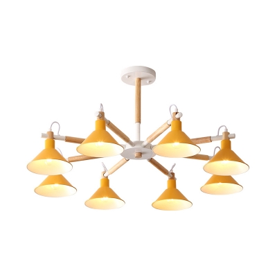 Wood Cone Chandelier 8 Lights Contemporary Suspension Light with Macaron Color for Living Room