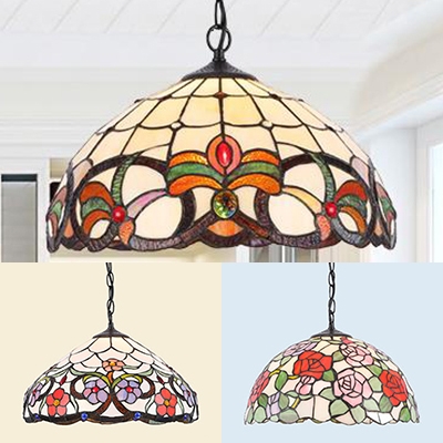 1 Light Floral Theme Hanging Light Tiffany Rustic Style Stained Glass Ceiling Pendant for Restaurant