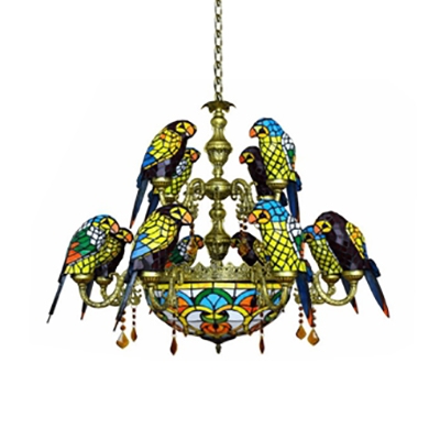 12 Lights Parrot Hanging Lamp Tiffany Style Stained Glass Hanging Light with Crystal for Living Room