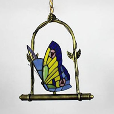 2 Lights Butterfly Pendant Lamp Tiffany Style Rustic Stained Glass Hanging Light for Balcony