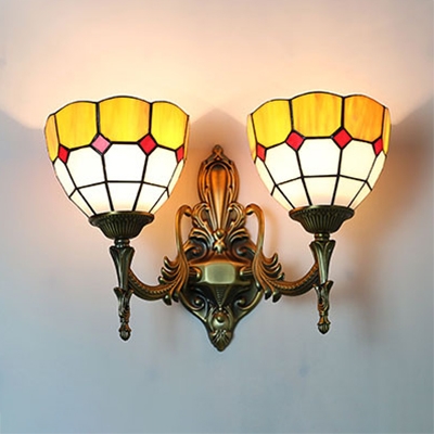 2 Lights Dome Wall Sconce Tiffany Style Stained Glass Wall Light in Blue/Yellow for Kitchen