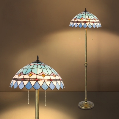 2 Lights Umbrella Floor Light Mediterranean Style Stained Glass Standing Light for Restaurant
