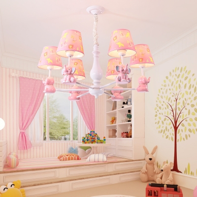 3/5/6 Lights Elephant Suspension Light with Tapered Shade Cute Metal Chandelier in Pink for Kid Bedroom