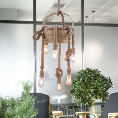 3/6 Lights Bare Bulb Chandelier Rustic Stylish Manila Rope Hanging Light with Basket in Beige for Lodge