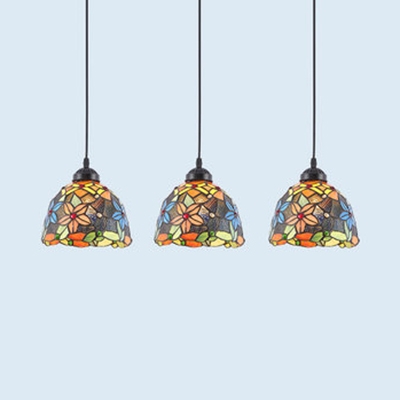 3 Heads Conical/Domed Pendant Light Tiffany Style Stained Glass Ceiling Light for Restaurant