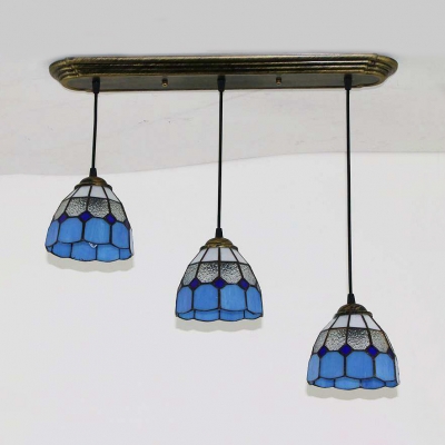 3 Heads Grid Dome Pendant Light Nautical Style Glass Pendant Lamp in Blue for Dining Room