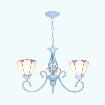 3 Lights Cone Chandelier Tiffany Style Glass Hanging Lamp in Blue/White for Dining Room Hotel