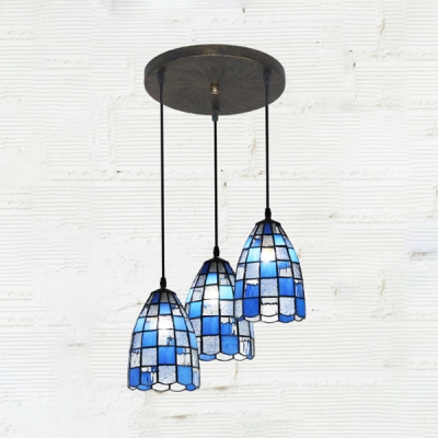 3 Lights Grid Bell Pendant Lamp Tiffany Style Glass Island Light in Blue/White for Kitchen