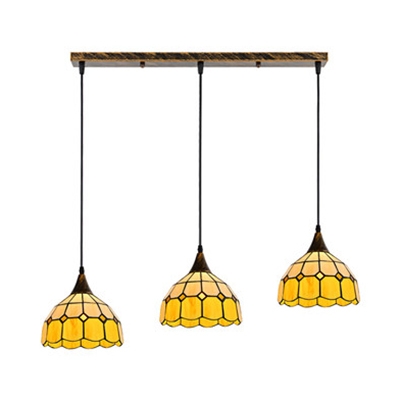 3 Lights Grid Domed Pendant Lamp Tiffany Rustic Glass Island Light in Yellow for Dining Table
