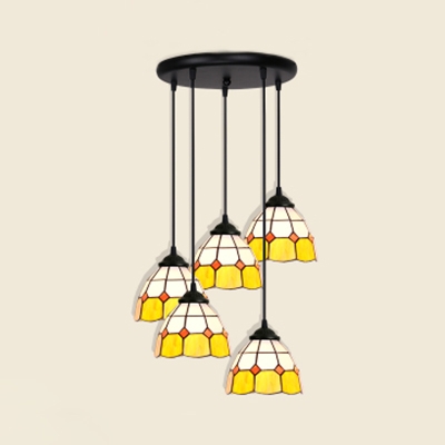 4/5/6 Lights Grid Dome Pendant Light Tiffany Stylish Glass Hanging Light in Blue/Yellow for Balcony