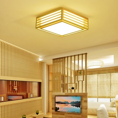 Wood Hollow Square Ceiling Mount Light Living Room Asian Style LED Ceiling Lamp in Warm/White