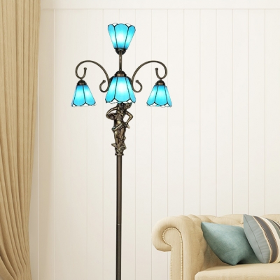 Blue/White Cone Floor Lamp with Girl Decoration 4/6 Heads Standing Light for Living Room