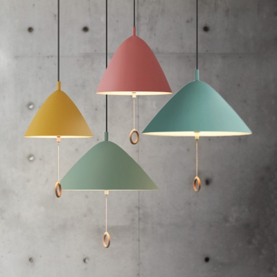 Kid Bedroom Umbrella Shape Ceiling Pendant with Pull Chain Aluminum 1 Light Nordic Blue/Green/Pink/Yellow Hanging Light